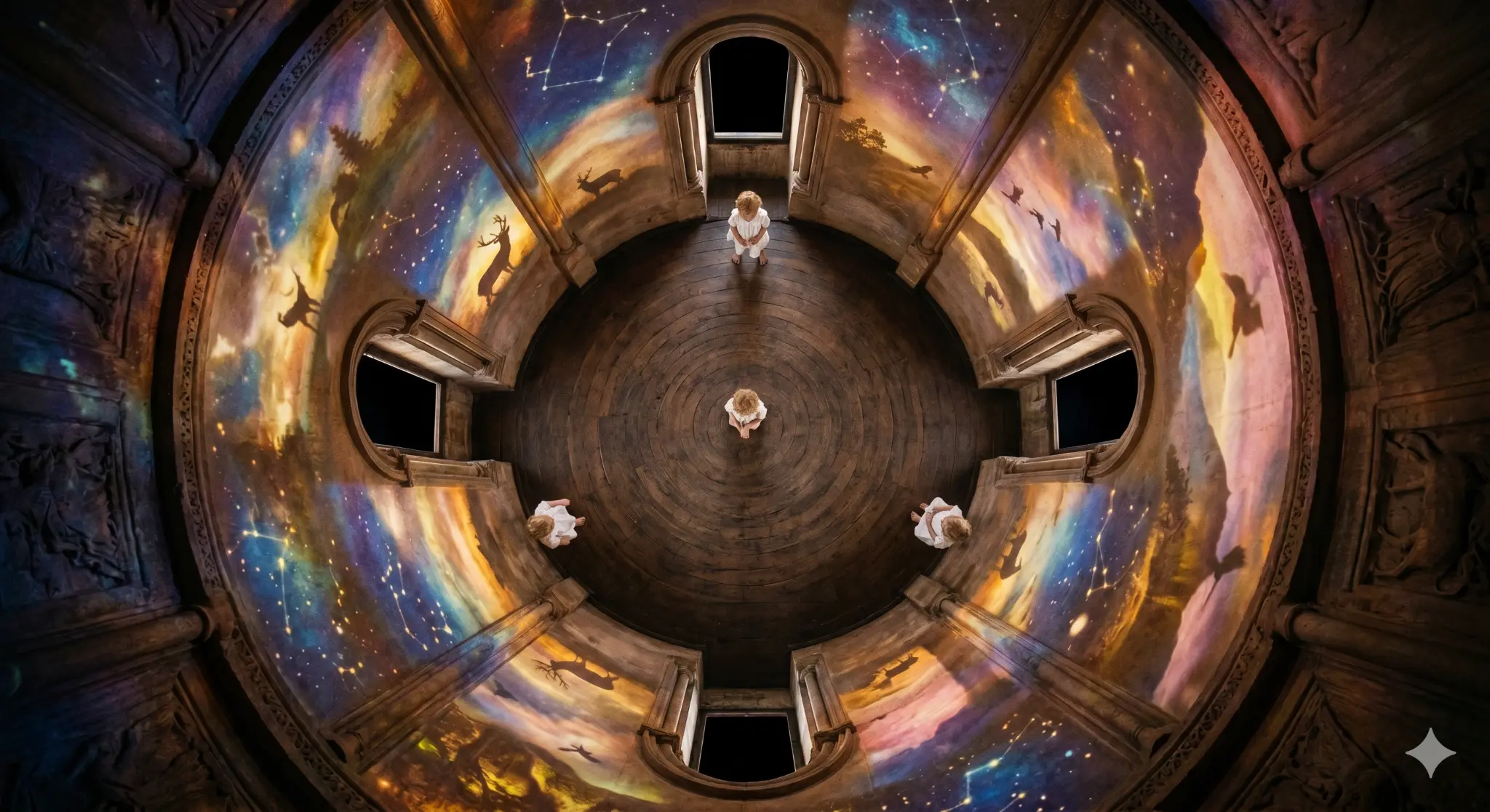 The circular dreamworld room — walls alive with projected light, arched windows open, the room empty.