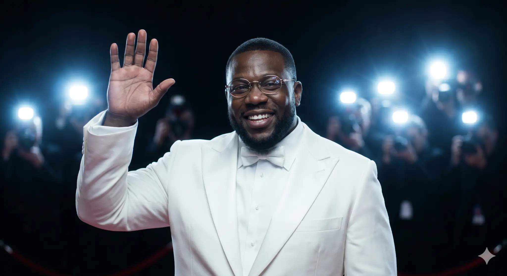 Africa — The Fallen King. Las Vegas red carpet, white tuxedo.