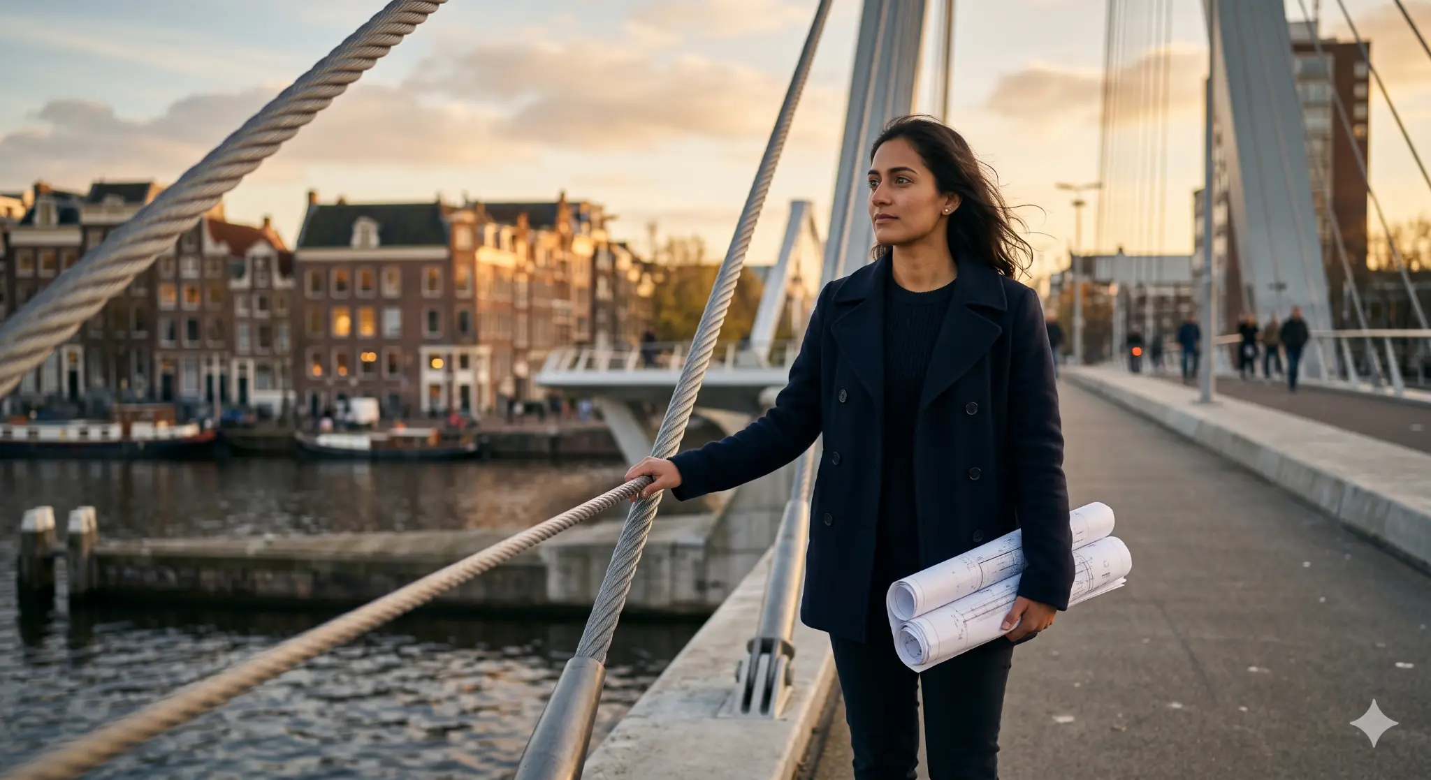 Agnes — The Bridge Builder. Bridge in background, golden hour light.
