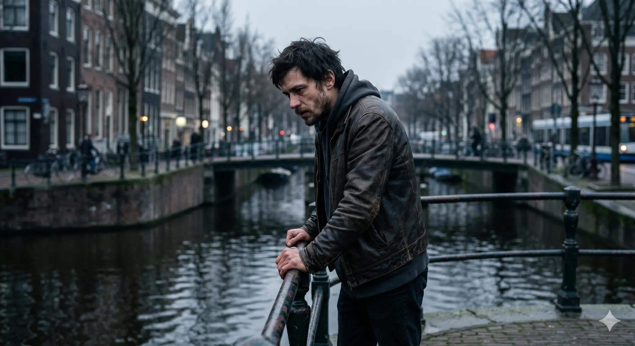Attila — The Living Man. Dark, cinematic, Amsterdam winter.