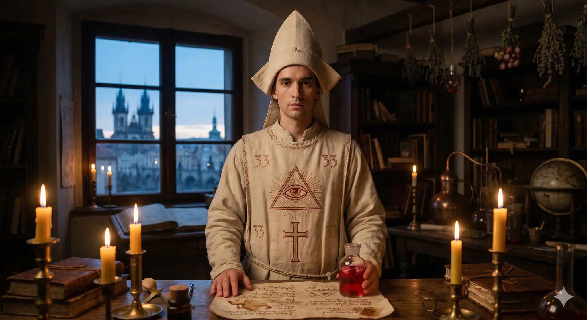 Edmund Galen — The Architect. 1488 Prague study, alchemist robes.
