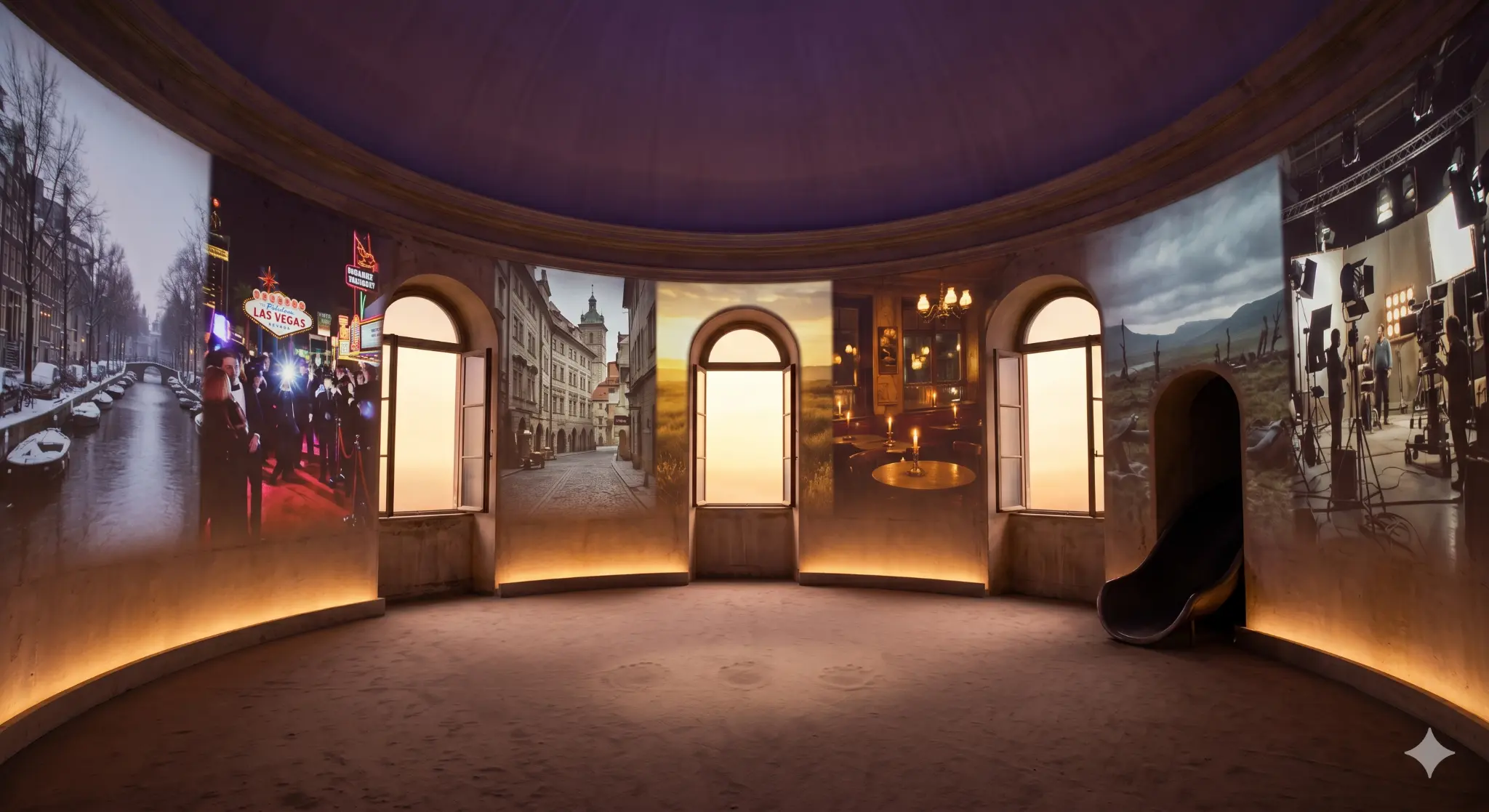 The Dreamworld screening room — the worlds of HEAVEN projected on curved walls